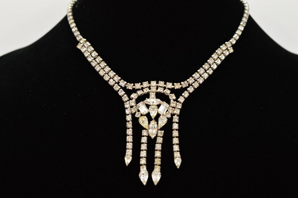 Vintage Collar Necklace Sparkling Rhinestone Crystal Silver Dangle Royal Bin3